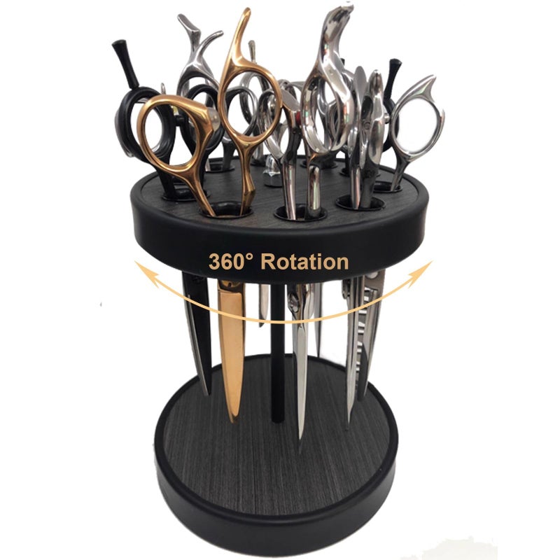 XDONEF Rotating Hair Scissors Holder Wooden Barber Scissors Storage Holder Salon Shears Holder Hair Stylist Scissors Container Hairdressing Tools Organizer Black